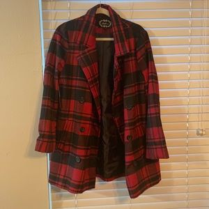 Red and Black Plaid Peacoat Jacket